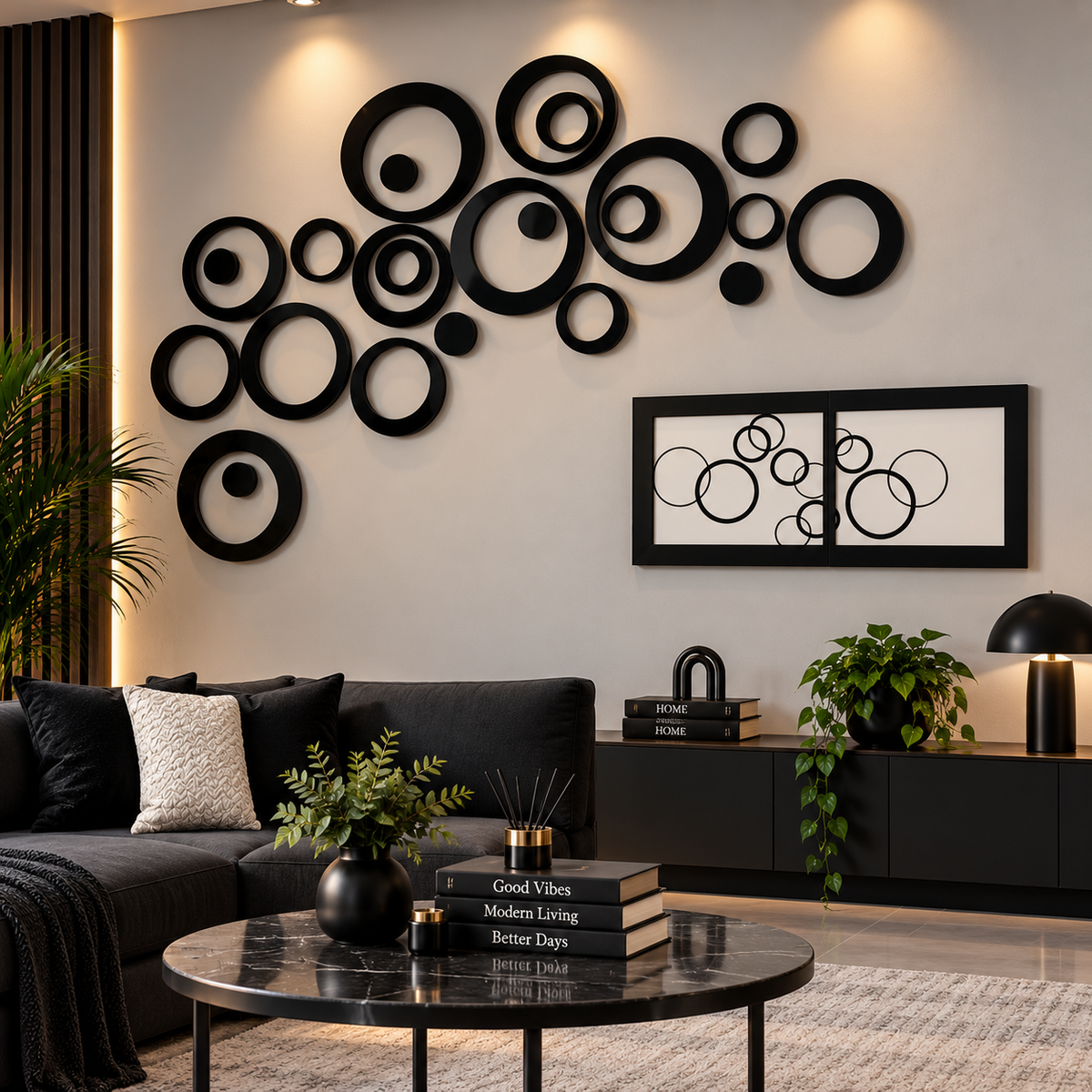 Modern Black Circle Wall Decor Set – Geometric MDF Wall Art for Living Room, Bedroom & Office