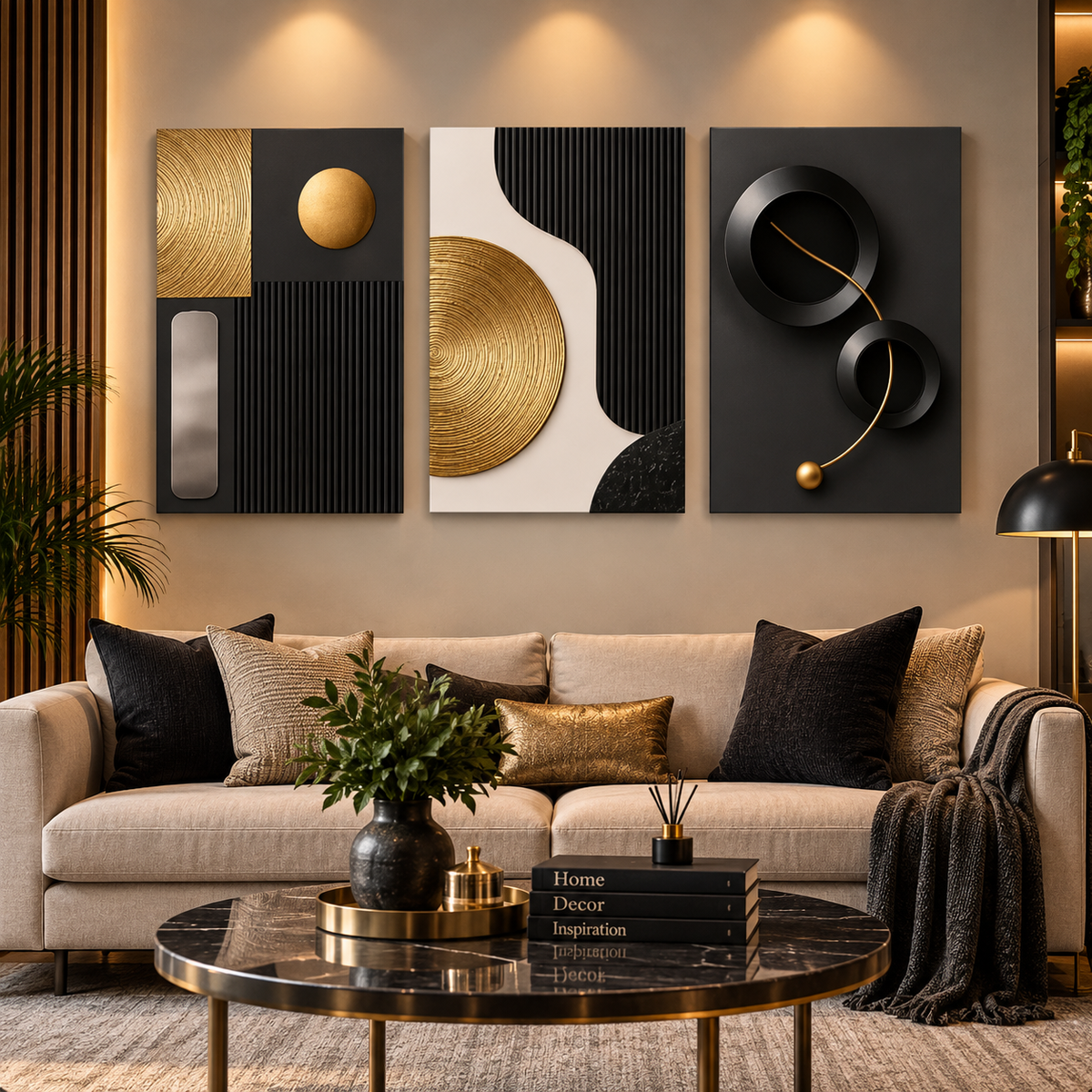 3 Piece Black & Gold Abstract Wall Art Set – Modern Geometric Decor for Home, Office & Living Room