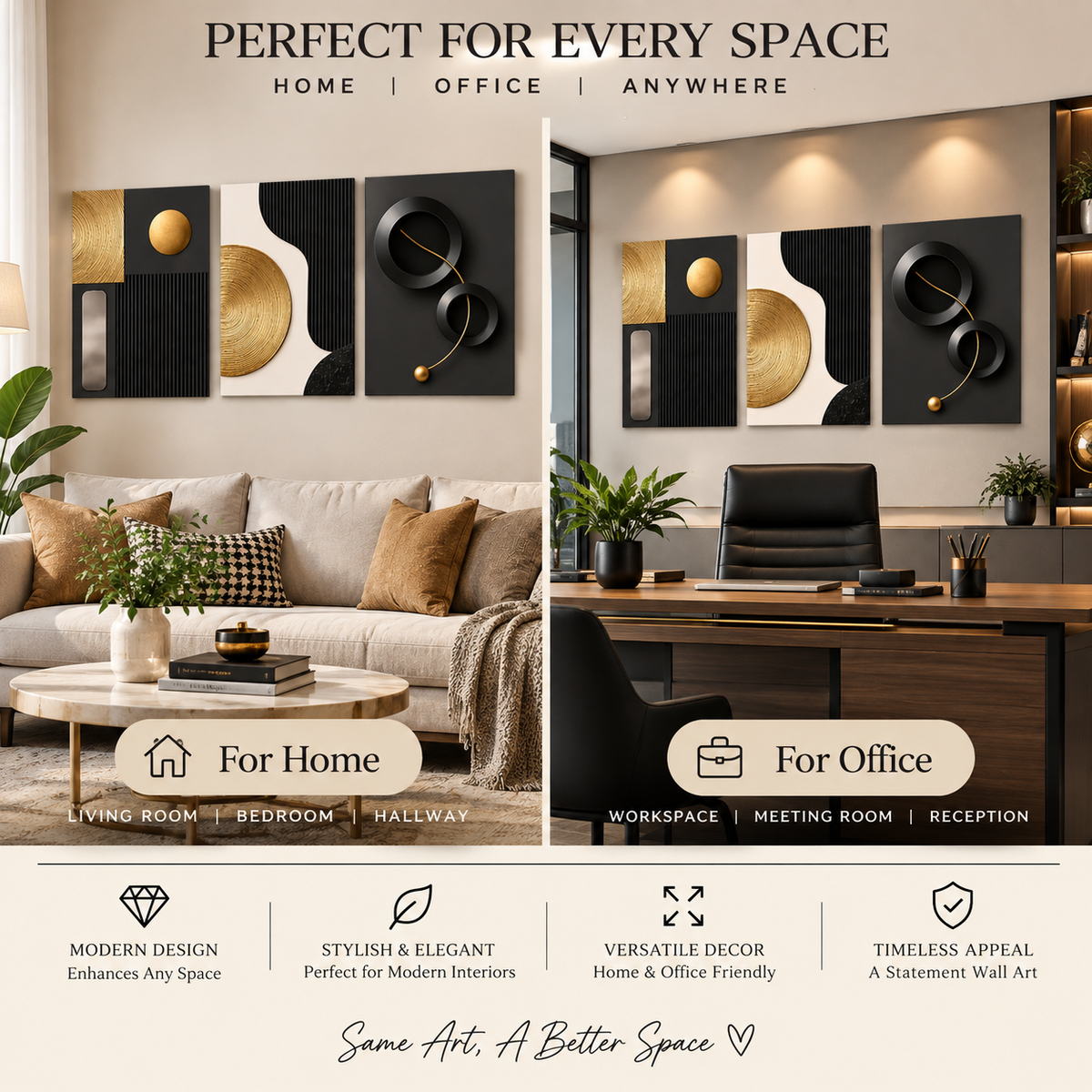 3 Piece Black & Gold Abstract Wall Art Set – Modern Geometric Decor for Home, Office & Living Room