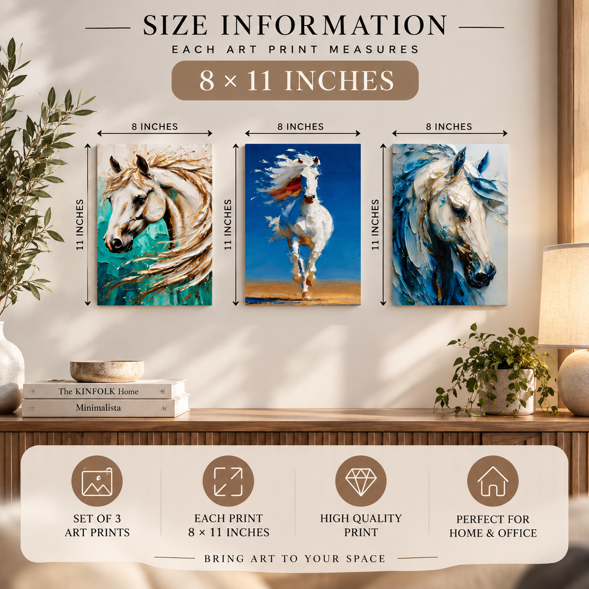 Horse Wall Art Set of 3 – 8 x 11 Inch Modern Equine Art for Home & Office Decor