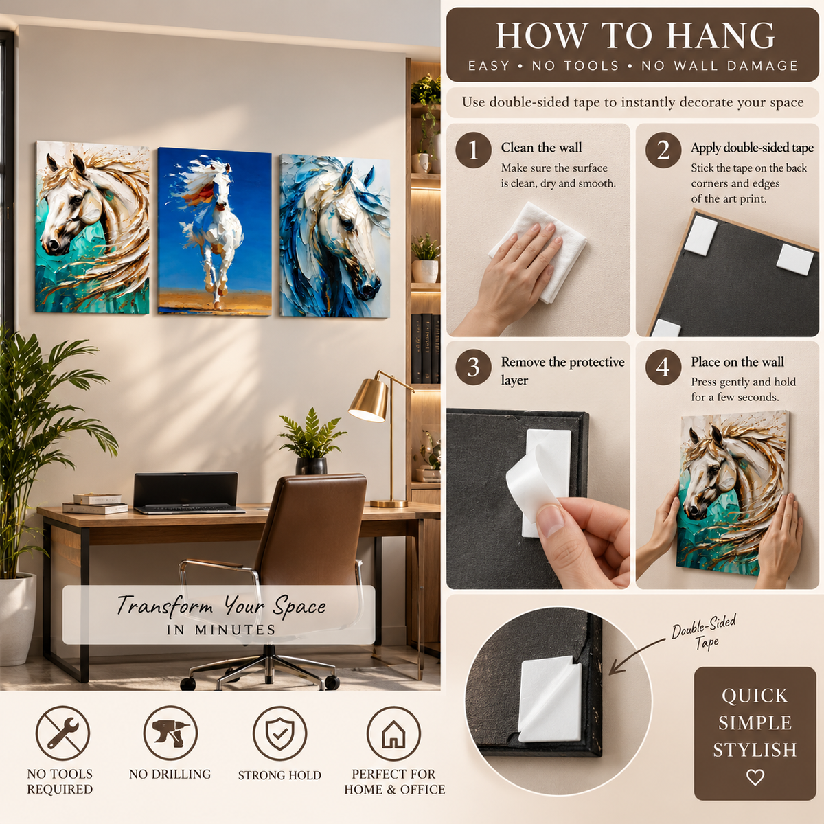 Horse Wall Art Set of 3 – 8 x 11 Inch Modern Equine Art for Home & Office Decor