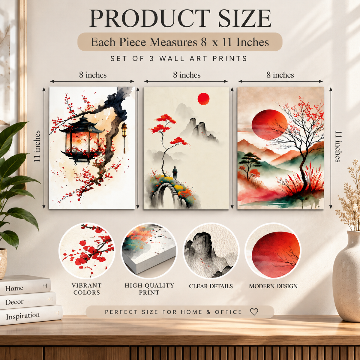 Japanese Inspired Wall Art Set of 3 – 8 x 11 Inch Red Sun Landscape Prints for Home & Office Decor