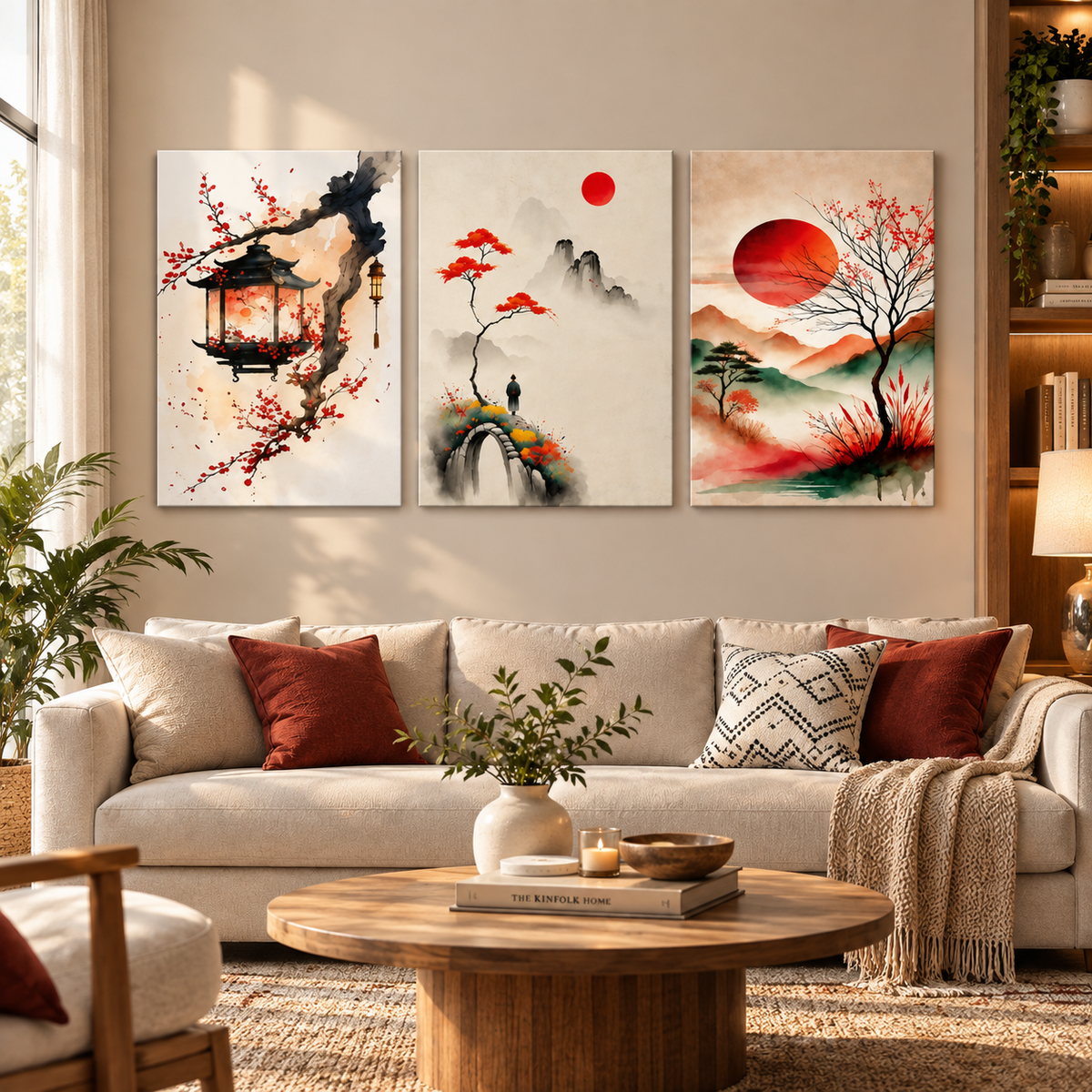 Japanese Inspired Wall Art Set of 3 – 8 x 11 Inch Red Sun Landscape Prints for Home & Office Decor