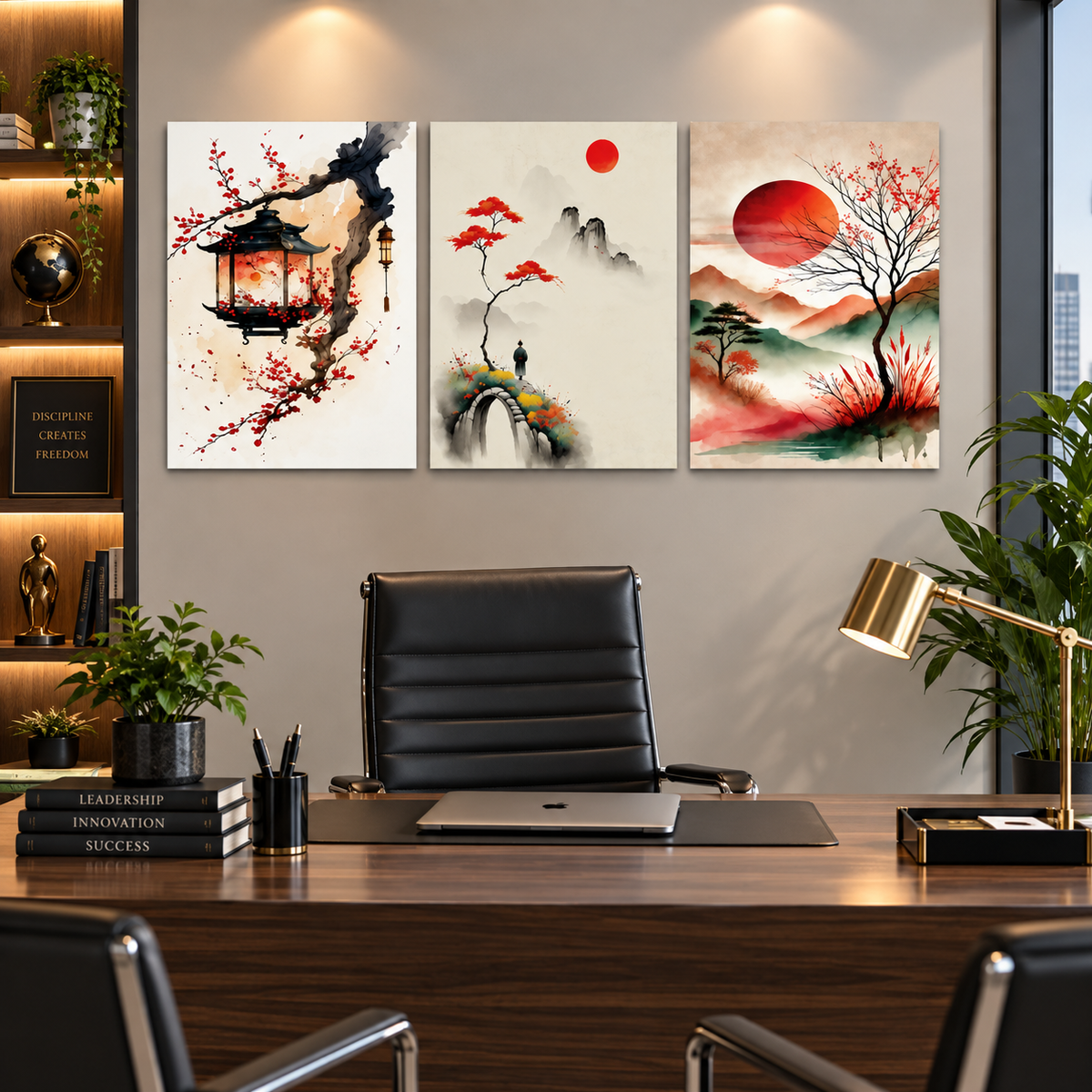 Japanese Inspired Wall Art Set of 3 – 8 x 11 Inch Red Sun Landscape Prints for Home & Office Decor