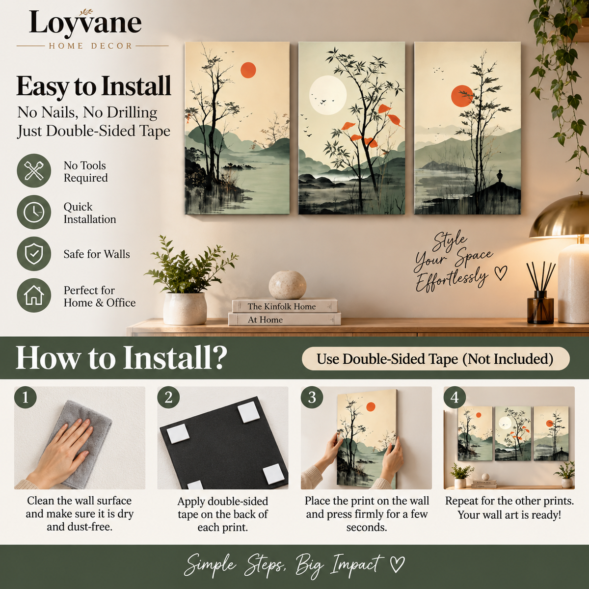 Japanese Landscape Wall Art Set of 3 – 8 x 11 Inch Asian Red Sun Nature Decor for Home & Office
