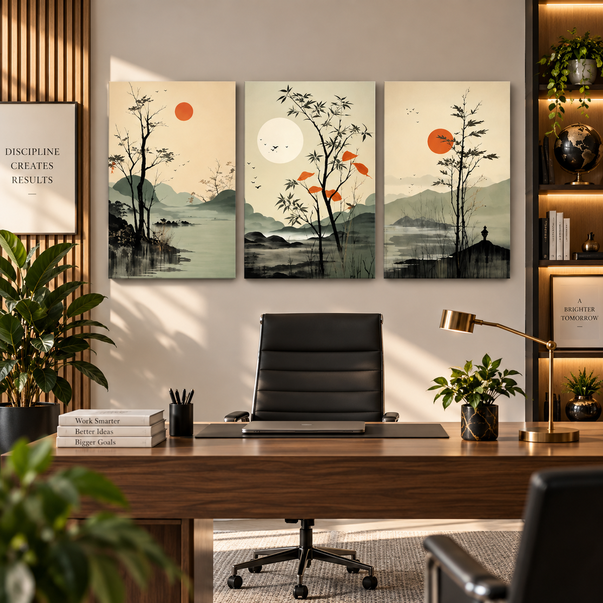 Japanese Landscape Wall Art Set of 3 – 8 x 11 Inch Asian Red Sun Nature Decor for Home & Office