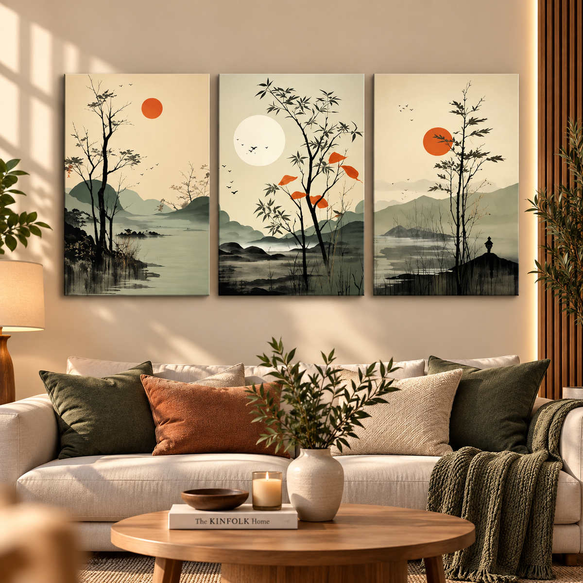 Japanese Landscape Wall Art Set of 3 – 8 x 11 Inch Asian Red Sun Nature Decor for Home & Office