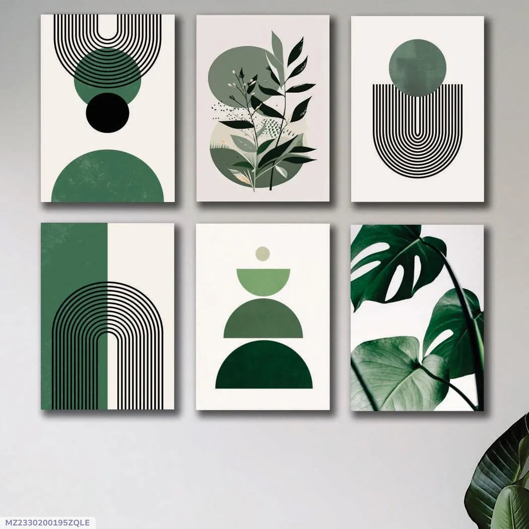 6 Piece Green Botanical Wall Art Set – Modern Geometric Leaf Prints for Living Room, Bedroom & Office Decor