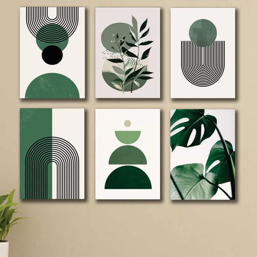 6 Piece Green Botanical Wall Art Set – Modern Geometric Leaf Prints for Living Room, Bedroom & Office Decor